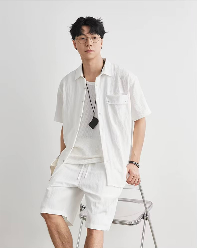 Men’s man mens petite-, tall-, plus-, size Japanese style Loose Casual Short Sleeves half sleeves turn-down collar patch chest pocket button-up Cargo Shirt plus and elasticated mid-rise waist with drawcord drawstring slant slit side pockets Shorts 2 Piece Sets Suits Cityboy wfh office workwear Work 2-Piece Outfit Streetwear Fashion Daily Commute Top Shirts in white