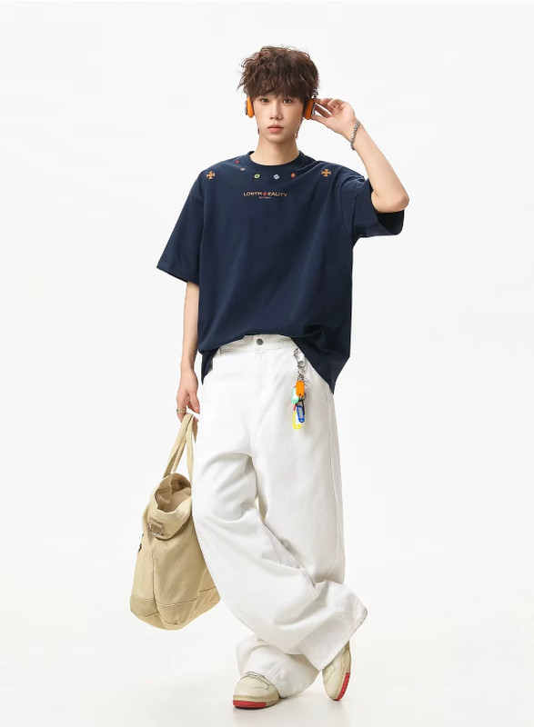 Men’s man mens petite-, tall-, plus-, size Ethnic American National style printed texture pure cotton short half sleeves with drop shoulder summer vacation holiday getaway basic loose round crewneck O-neck Casual Pullover crew neck T-Shirt Tops T-Shirts in dark navy blue with multi accent color