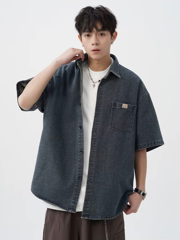 Men’s man mens petite-, tall-, plus-, size Vintage washed denim short-sleeves chest pocket  spring summer style, retro and loose-fit Japanese-style casual shirt Tops Shirts in dark blue