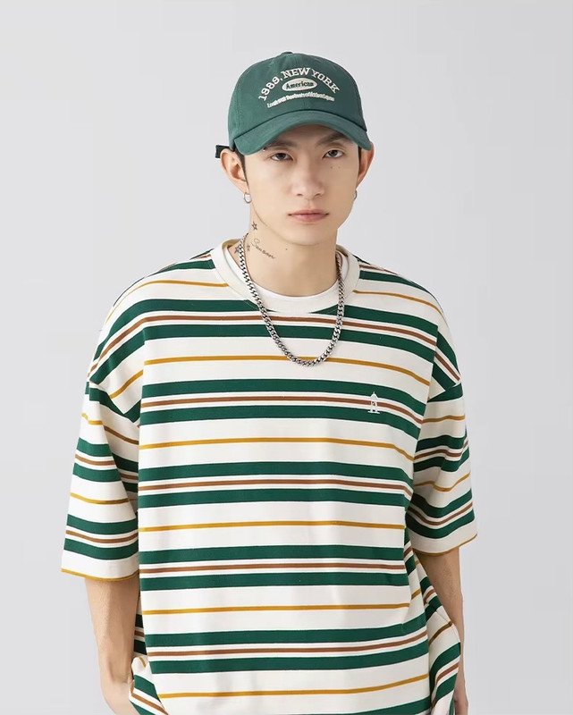 Men’s man mens petite-, tall-, plus-, size Japanese-style clothing. Trendy retro color-blocked striped loose-fitting versatile short half sleeves with drop shoulder embroidered graphic logo crewneck, Summer Crew Neck Loose Street Fashion Breathable embroidery round O-neck Casual Pullover T-Shirt Tops T-Shirts in green with multi accent color