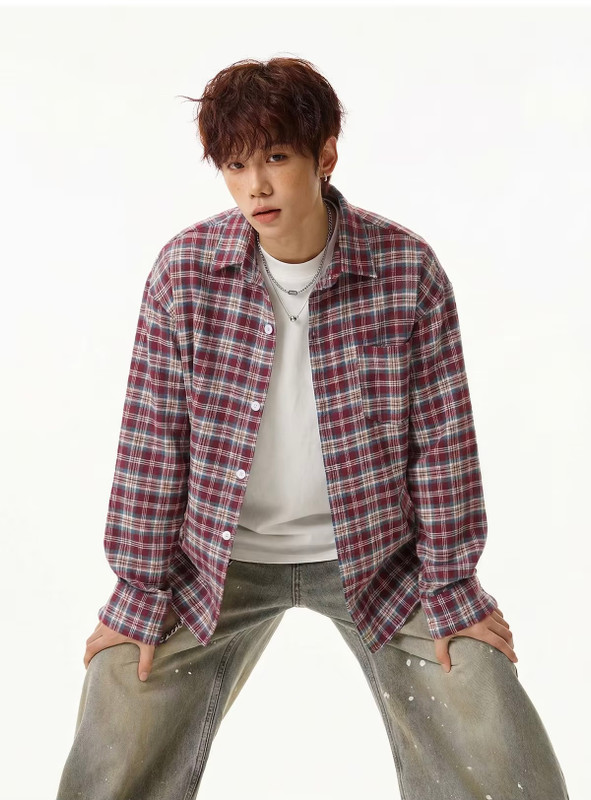 Men’s man mens petite-, tall-, plus-, size Vintage washed plaid turn-down collar long sleeves chest pocket checkered button close spring summer style, retro and loose-fit casual shirt Tops Shirts in red blue