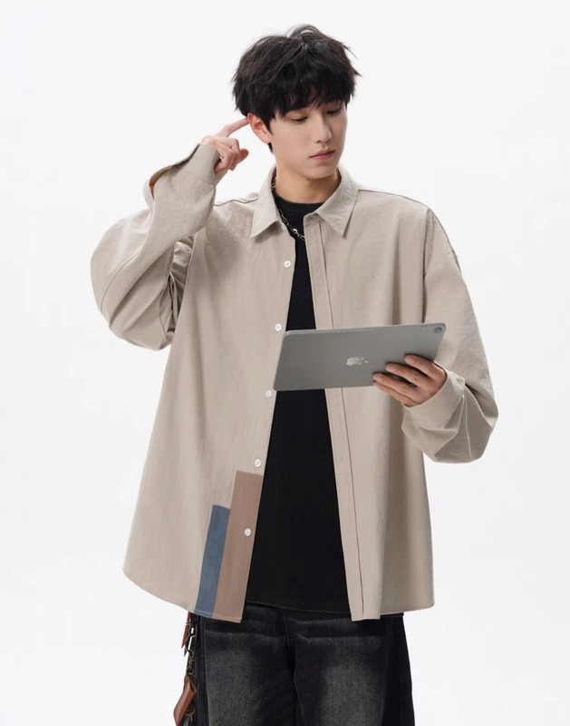 Men’s man mens petite-, tall-, plus-, size Trending Light Travel Streetwear Trendy Spring Summer Fall Autumn Turn-down collar patchwork long sleeves Easy Street Shirt Tops Shirts in beige