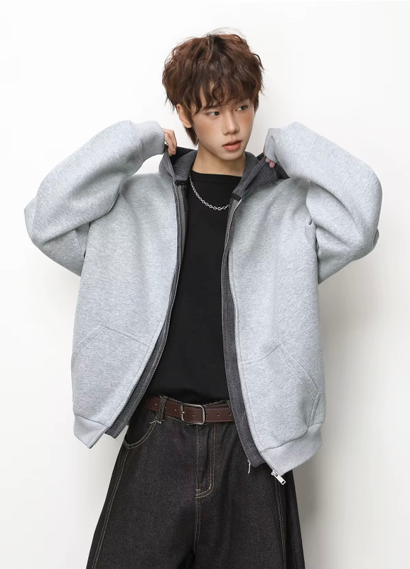 Men’s man mens petite-, tall-, plus-, size Trending Light Travel Workwear Streetwear Trendy Spring Summer Fall Autumn cotton Knitted Patched Double zipper close Pullover Heavyweight American Casual fitness sportswear hooded Bomber Jacket Outerwear coat outdoor camping Outwear Jackets in light Gray grey with dark gray accent