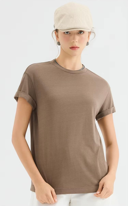 Women’s woman womens petite-, tall-, plus-, size Light Luxury High-Quality Cotton Blend Round O-neck Crew neck with contrast color band Short-half Sleeves with turn-up cuff,  hollow-out pear-drop latch close back, Crewneck T-Shirt Pullover Style tops Tees  T-shirts in coffee brown