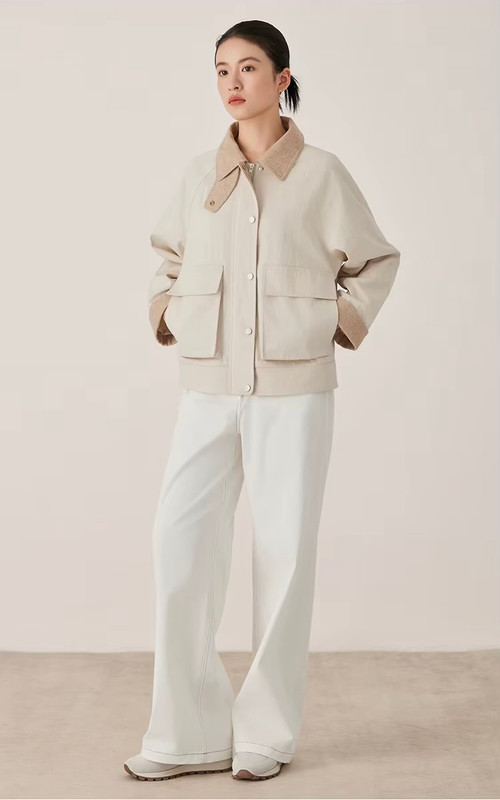 Women’s woman womens petite-, tall-, plus-, size Light Luxury High-quality Minimalist LP Knit Cashmere Blend Elegant Winter commute wfh office workwear evening party stand neck collar button close patch pockets Jacket Coat outwear Outerwear Coats in apricot with dark Gray grey trim color