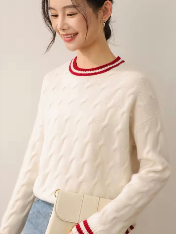 Women’s woman womens petite-, tall-, plus-, size Light Luxury High-Quality Australian wool long sleeves with rib band cuffs crewneck round o-neck crew neck ribbed cable knit sweater tops sweaters in cream white color with red accent