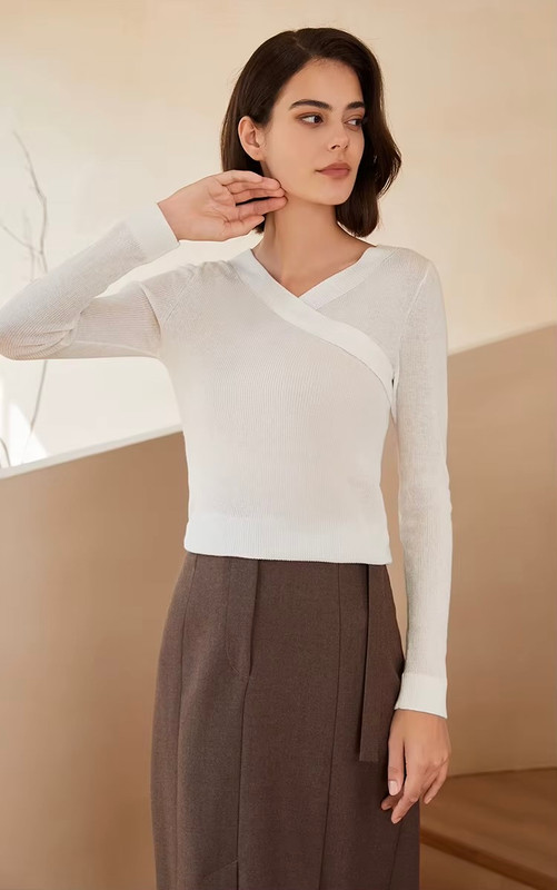 Women’s woman womens petite-, tall-, plus-, size Light Luxury High-Quality wool long sleeves angular v-neck knit SoftWool sweater tops sweaters in white color