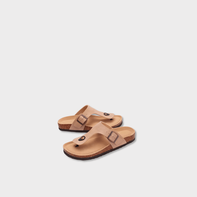 Women’s woman womens petite-, tall-, plus-, size Casual Open Toe Beach Slippers With Adjustable Buckle strap Flats Leather Cork Footbed Flip Flops Cork Sandals in apricot