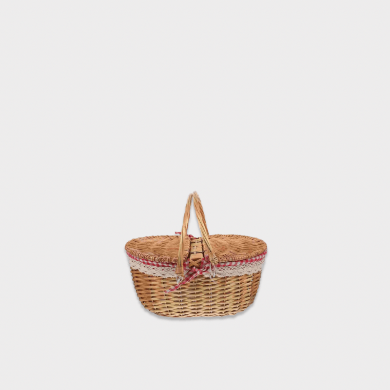 Natural rattan wicker picnic hamper storage basket with waterproof lid hampers for camping hikes and barbecues rustic and cottage vintage style in brown