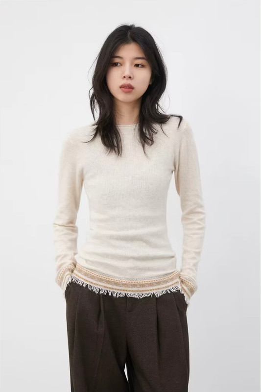 Women’s woman womens petite-, tall-, plus-, size Boho bohemian Casual Summer vacation holiday getaway woolen viscose blend Knitted Slim Vintage Long Sleeves O Neck Spliced Raw Edge tassels Female Pullovers Tees Spring Summer Autumn Fall crewneck sweater Top evening party bohemia tops in white with beige