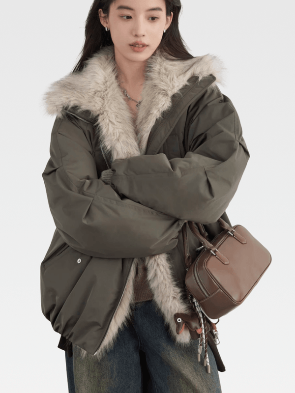 Women’s woman womens petite-, tall-, plus-, size Casual Fall Autumn Winter loose classic Vintage style Long Sleeves v-neck hooded Faux Fur Collar pockets Female white duck down field Faux Fur-Trim Puffer Jacket trimmed evening Jackets coats in army green with beige