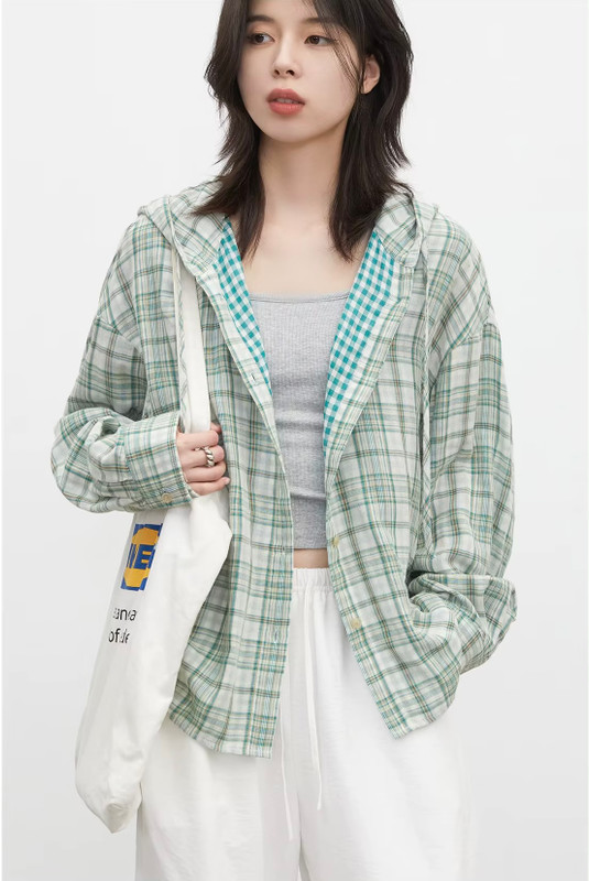Women’s woman womens petite-, tall-, plus-, size Casual Fall Autumn Winter loose classic Vintage style Long Sleeves v-neck hooded button close Female plaid field Cotton Hood Shirt Jacket trimmed evening Jackets coats in checkered green multi pattern