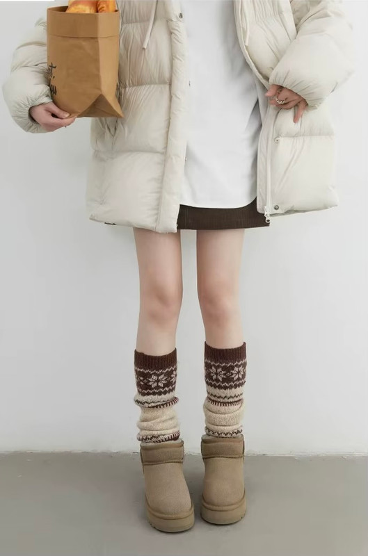 Women’s woman womens petite-, tall-, plus-, size grunge y2k Casual Fall Autumn Winter knee-Length Jacquard Knitted Long Sock Cover Girls Retro Stacked Leg Cover leg warmers in brown with multi colored patterned accent
