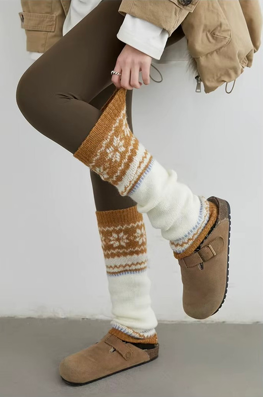 Women’s woman womens petite-, tall-, plus-, size grunge y2k Casual Fall Autumn Winter knee-Length Jacquard Knitted Long Sock Cover Girls Retro Stacked Leg Cover leg warmers in orange with multi colored patterned accent