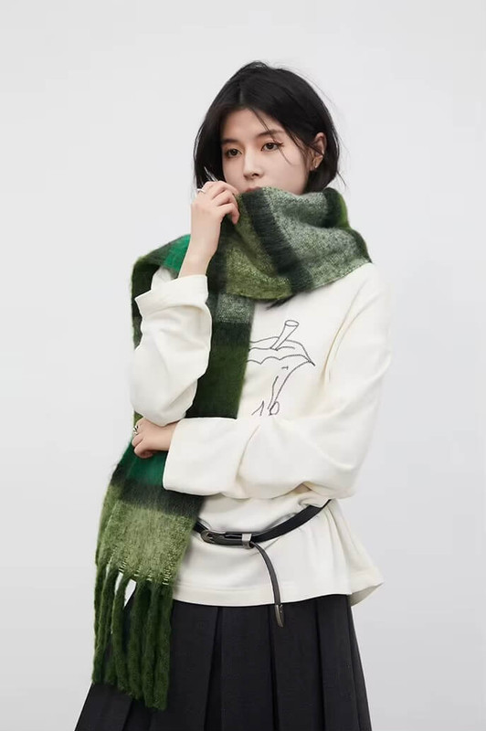 Women’s woman womens petite-, tall-, plus-, size office commute workwear alternate aesthetic luxury Casual Fall Autumn Winter cold weather accessory long striped tassel scarf weather Scarves accessories in green with multi color contrast