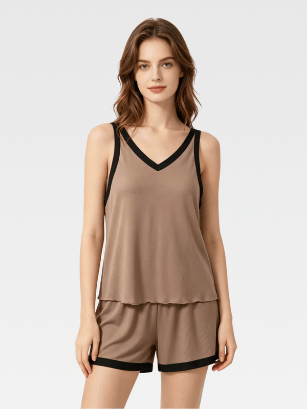 Women’s woman womens petite-, tall-, plus-, size Casual Sleeveless Pajama Sets for Youth Women Summer Cool Modal Pyjamas V-Neck Elastic Waistband shorts Soft Ribbed Moisture-absorbent and breathable Sleepwear with Bra Padded PJ Loungewear set in camel brown with black trim