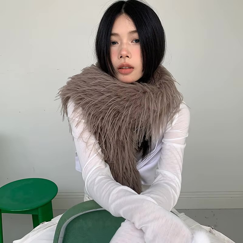 Women’s woman womens petite-, tall-, plus-, size alternate aesthetic luxury Casual Fall Autumn Winter Spring cold weather winter accessory Long Hair Scarf Solid Color Plush Shawl Winter Warm Thickened Tassel Shawl Imitation Fur Scarves Warp Women scarf Fashion bobbles New Year Gift Scarves accessories in coffee brown