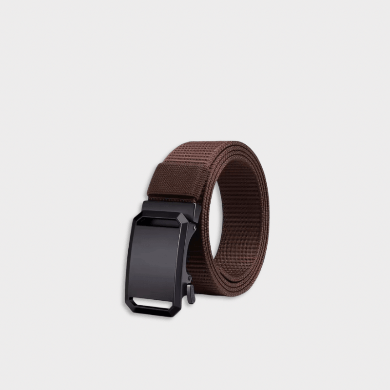 Women’s woman womens Men’s man mens Unisex Genflex Gender Neutral Genderfluid Casual Metal Buckle latch canvas Waistband solid pattern summer holiday getaway wfh commute office workwear Belt Fashion belts accessories in brown