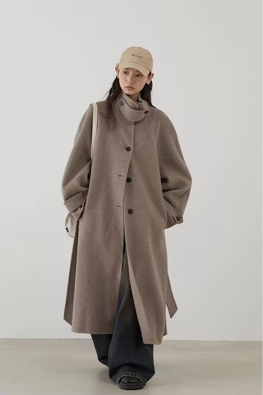 Women’s woman womens petite-, tall-, plus-, size Light Luxury High-quality Minimalist LP Knit wool Blend Elegant Winter commute wfh office workwear evening party Turtleneck spread stand neck collar button close patch pockets windbreaker coat outwear Outerwear Coats in Oatmeal brown color