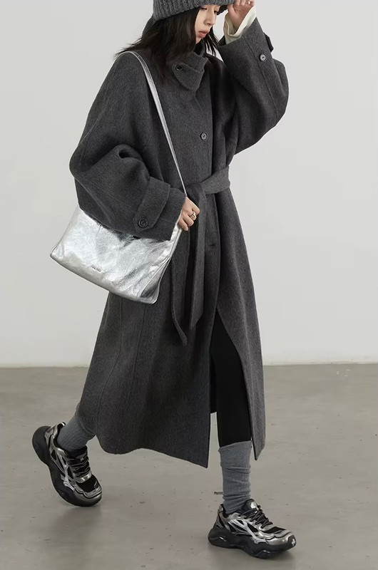 Women’s woman womens petite-, tall-, plus-, size Light Luxury High-quality Minimalist LP Knit wool Blend Elegant Winter commute wfh office workwear evening party Turtleneck spread stand neck collar button close patch pockets windbreaker coat outwear Outerwear Coats in Dark Gray grey color