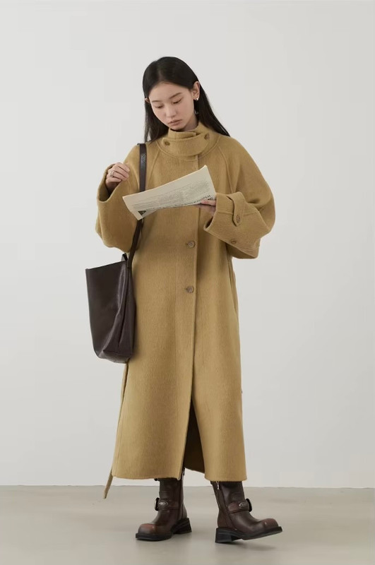 Women’s woman womens petite-, tall-, plus-, size Light Luxury High-quality Minimalist LP Knit wool Blend Elegant Winter commute wfh office workwear evening party Turtleneck spread stand neck collar button close patch pockets windbreaker coat outwear Outerwear Coats in mustard yellow color