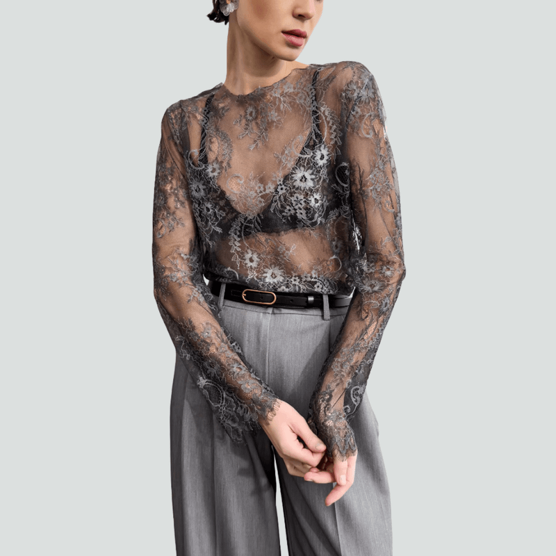 Women’s woman womens petite-, tall-, plus-, size Boho bohemian Casual Summer vacation holiday getaway loose Vintage Long Sleeves stand  O Neck Female Pullover blouse Spring Summer Autumn Fall crewneck Lace See-Through Top evening party bohemia tops in black