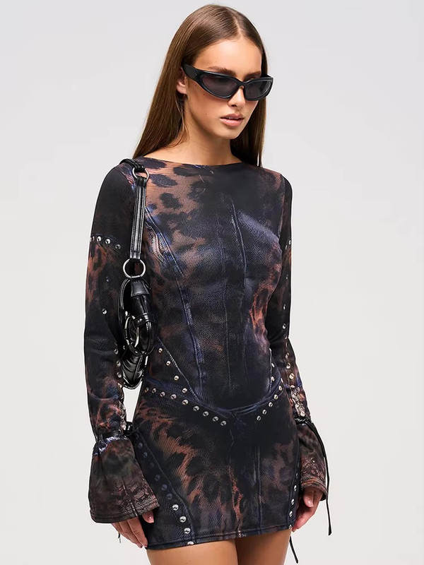 Women’s woman womens petite-, tall-, plus-, size Casual Summer vacation holiday getaway evening clubwear party wear Sexy boatneck H-Line leopard animal print long sleeves studded mini midi Dress Dresses in black with brown animal print patterned accent
