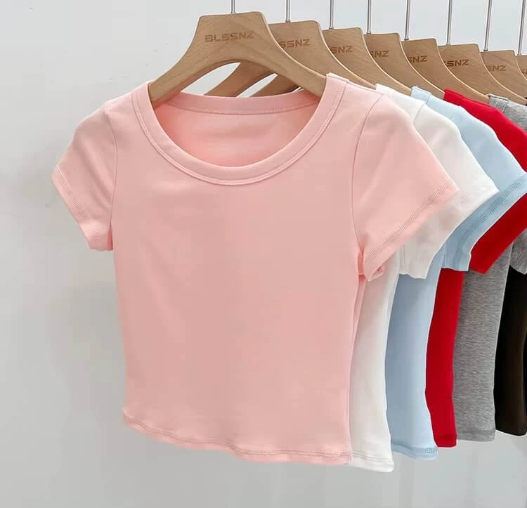 Women’s woman womens petite-, tall-, plus-, size Light Luxury High-Quality Cotton Blend Round O-neck Crew neck with contrast color band Short-Sleeves Crewneck T-Shirt Pullover Style tops Tees  T-shirts in light pink