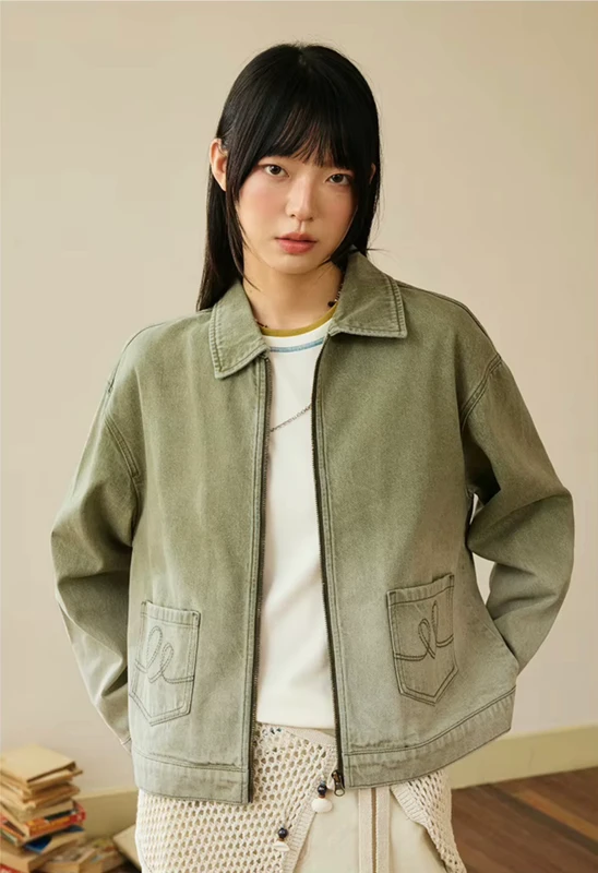 Women’s woman womens petite-, tall-, plus-, size Light Luxury High-quality Elegant Gradient Washed Winter commute wfh office workwear evening party turndown neck collar button close patch pockets denim barn jacket outwear Jackets Outerwear in green