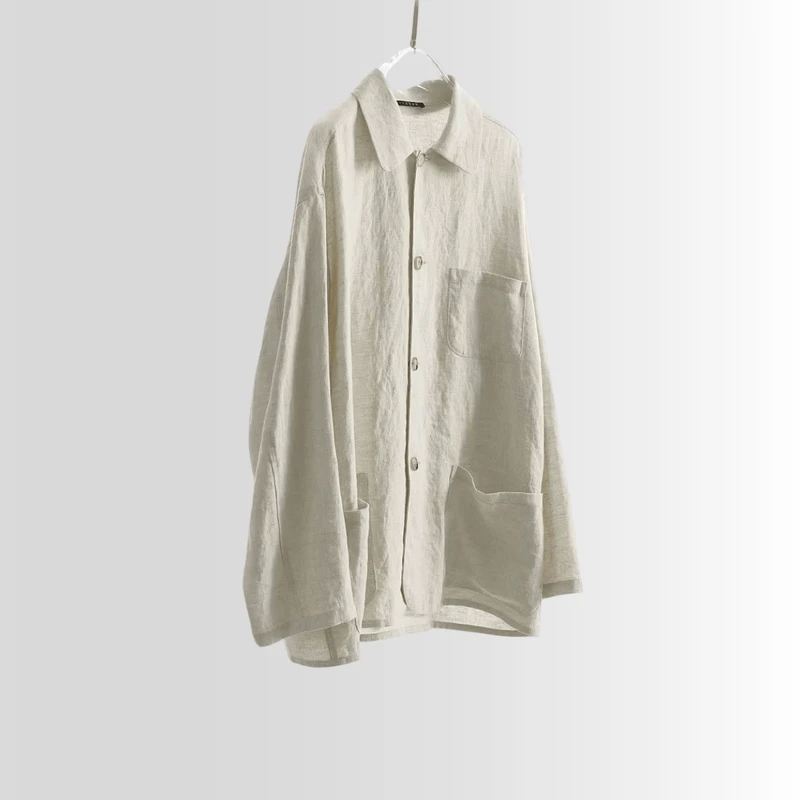 Women’s woman womens petite-, tall-, plus-, size Light Luxury High-quality Elegant Winter vacation holiday getaway beach evening party turn-down collar v-neck long sleeves with drop shoulder patch pockets button close rain dew raindrop hemp linen shirts Vaca shirts in light natural Flaxen khaki beige