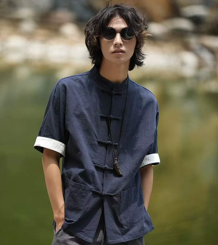Men’s man mens petite-, tall-, plus-, size Light Travel mandarin stand collar long three-quarter sleeves with drop shoulder and accent color cuffs Yizikou button close patch pockets wfh office commute Workwear Streetwear Premium Trendy Spring Summer Fall Autumn Zhongshan Shirt Outerwear outdoor Outwear Jackets Shirts in dark navy blue