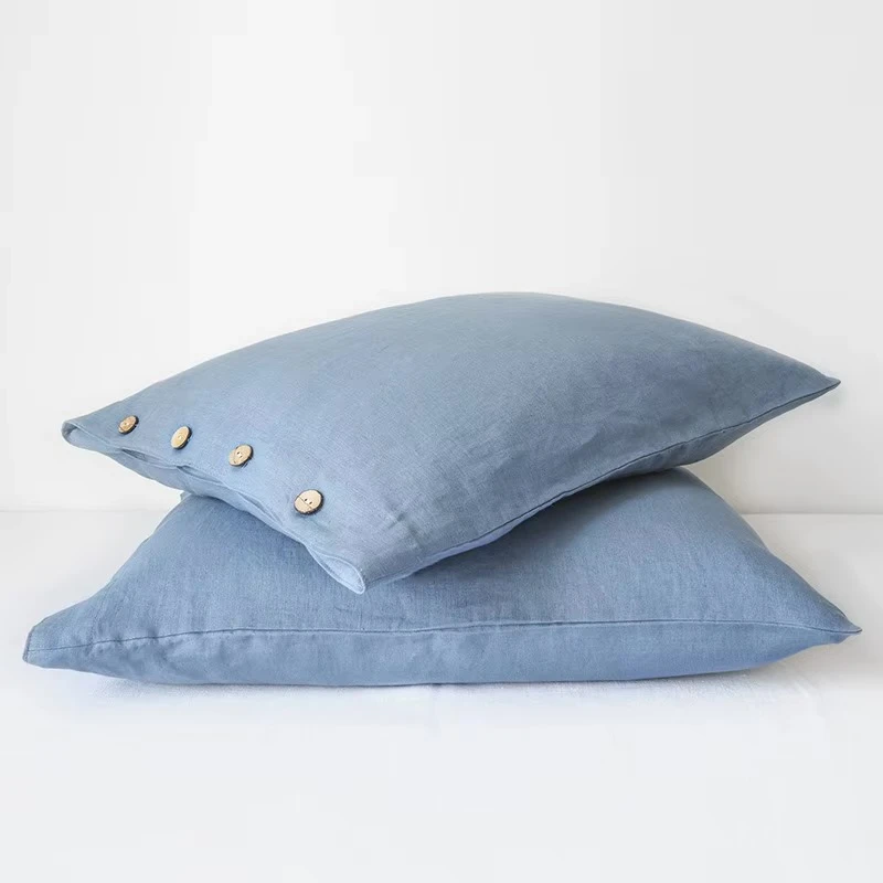 Luxury rectangular 100% pure french linen Pillowcase with button close Living Room Bedroom France Cushion Pillows Props Gifts in natural linen sky light dusk blue color