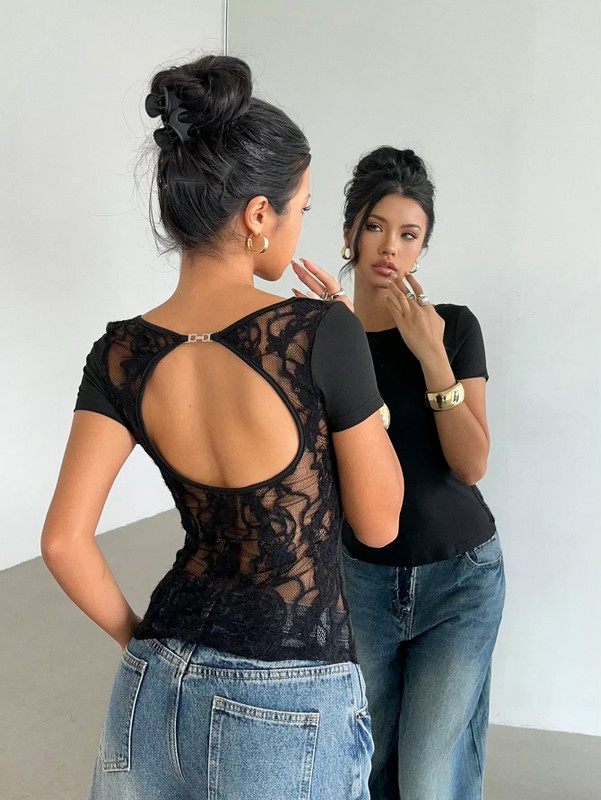 Women’s woman womens petite-, tall-, plus-, size Light Luxury High-Quality party club evening wear  Round O-neck long Sleeves with drop shoulders and band cuffs tee lace backless crewneck T-Shirt Pullover Style tops Tees  T-shirts in black
