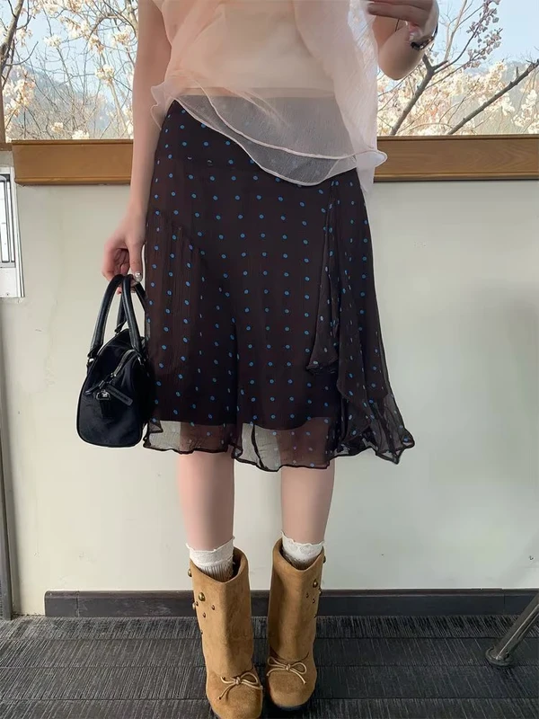 Women’s woman womens petite-, tall-, plus-, size Light Luxury High-quality Elegant vacation holiday getaway evening party club wear high rise waist tie-up polka dot mid-calf midi skirt Dots skirts in brown with blue accent color