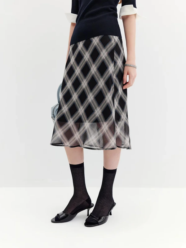 Women’s woman womens petite-, tall-, plus-, size Casual Summer holiday vacation getaway wfh office commute workwear indie style Fall Autumn Winter loose classic Vintage vintage style Female semi see-through high rise waist empire waistline trim hem checkered plaid checks pleats midi skirt Fashion skirts in black With multi blue
