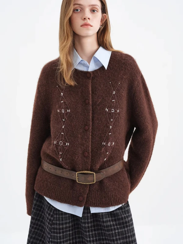 Women’s woman womens petite-, tall-, plus-, size Light Luxury High-quality Elegant evening party club wfh office commute work wear round o-neck button close long sleeves bead embroidery beading crewneck Cardigan Fashion sweater Cardigans in coffee caramel brown