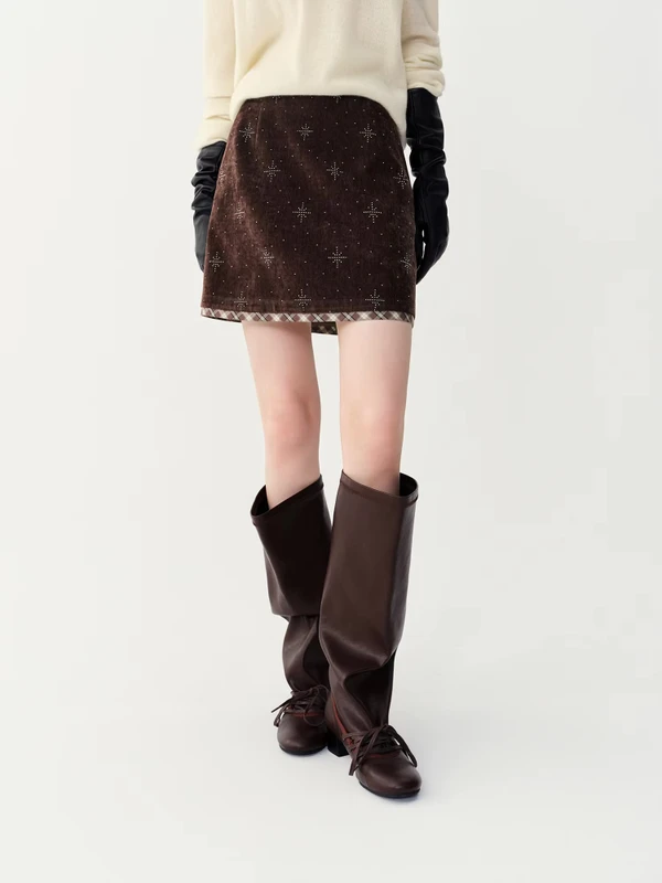 Women’s woman womens petite-, tall-, plus-, size Casual Summer holiday vacation getaway evening party wear indie style loose classic Vintage vintage style Female pleats high rise waist zip-up close empire waistline trim hem Starburst Rhinestone pleated mini skirt Fashion skirts in coffee brown