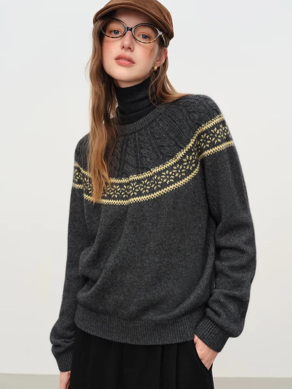 Women’s woman womens petite-, tall-, plus-, size Light Luxury High-quality Elegant evening party club wfh office commute work wear round o-neck long sleeves embroidery cable-knit crewneck sweater Fashion sweaters in Dark Gray grey, with yellow accent