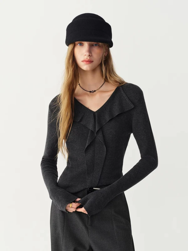 Women’s woman womens petite-, tall-, plus-, size Light Luxury High-quality Elegant evening party club wfh office commute work wear v-neck long sleeves with bell band cuffs ruffle pleats Sweater Fashion sweaters in dark Gray grey