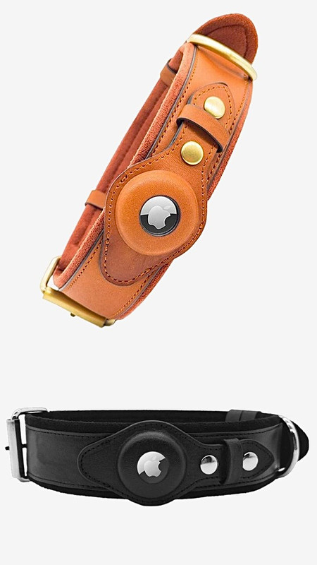 Genuine Brown Black Leather Airtag Pet Collar Heavy Duty Cat Dog Collar with Airtag Holder Case Pet Location Tracker Apple AirTag Accessories Collars Trending