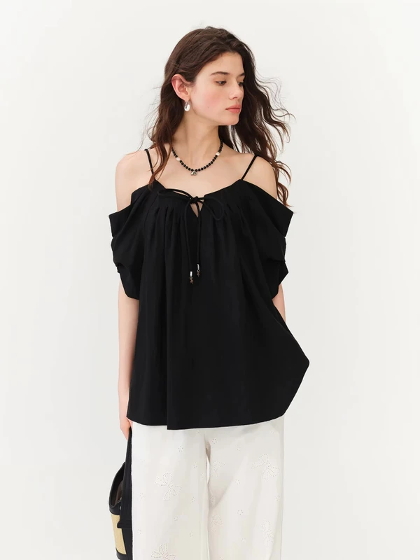 Women’s woman womens petite-, tall-, plus-, size Light Luxury High-quality Elegant evening party club wfh office commute work wear halter collar v-neck tie lace-up short puff sleeves pleats Off-Shoulder Top Fashion Blouses Tops in black