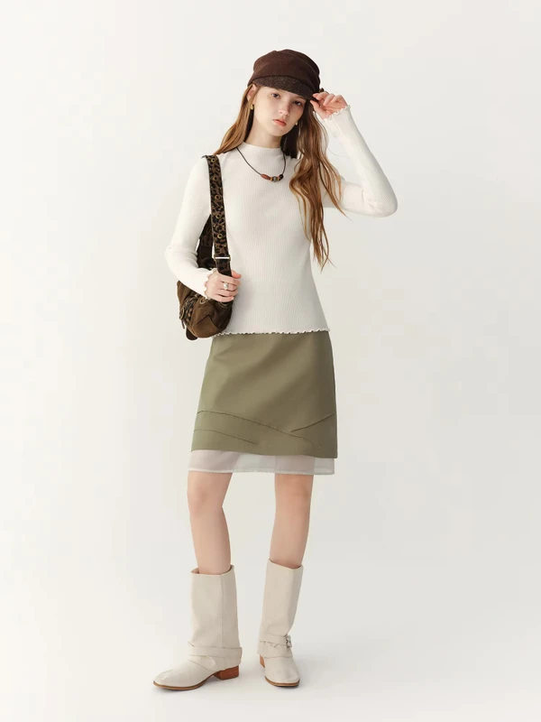 Women’s woman womens petite-, tall-, plus-, size Casual Summer holiday vacation getaway evening party wear indie style loose classic Vintage vintage style Female lined high rise waist zip-up close empire waistline patchwork trim hem midi skirt Fashion skirts in khaki, with white accent