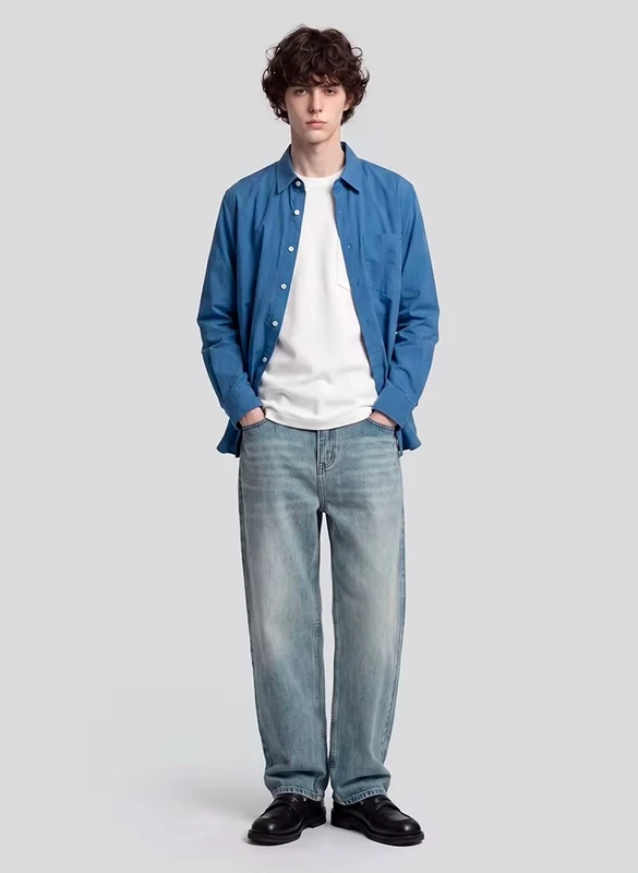 Men’s man mens petite-, tall-, plus-, size Fall Autumn Winter loose classic Vintage style Long Sleeves v-neck turn-down collar button close patch pocket Casual Shirt Fashion shirts in blue