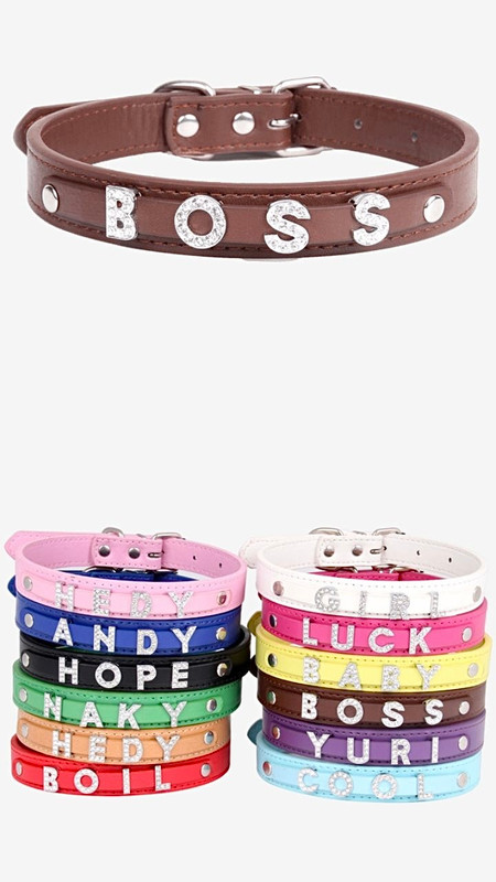 12 Colors Custom ID Name Pet Cat Dog Collar Personalized Leather Puppy Collars for Small Medium Large Dogs Cats with Rhinestone Letter Trending