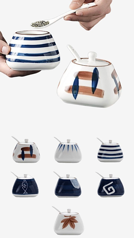 Japanese Ceramic Seasoning Jar Creative Box Set Home Salt Shaker Japan Kitchen Supplies Salt Sugar Monosodium Glutamate Storage Bottles & Jars with optional Bamboo recessed Tray in Small Fish, Orchid Grass, Maple Leaf, White Leaf, Sea Soul, Thread, Deep Well designs Trending