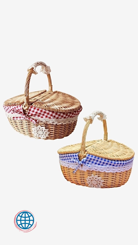 Rattan Picnic Basket Outdoor Country Style Wicker Hamper with Lid and Handle Quality Liners Food Fruit Storage Hampers Carrying Baskets Trending in Blue Red