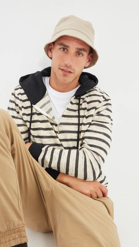 Hood Stripe Front Zip Sweatshirt Regular Fit Hooded Long Sleeve Black Striped White Hoodies Sweatshirts for man Trending