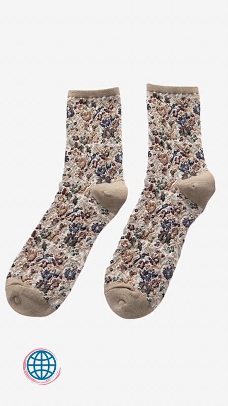 Harajuku Crew Socks Retro Ethnic Flowers Style Cotton Womens Casual Comfortable Ladies Cute Sock for Woman Trending in Beige Cream, Black Purple, Brown Red, Gray Orange, Purple Green