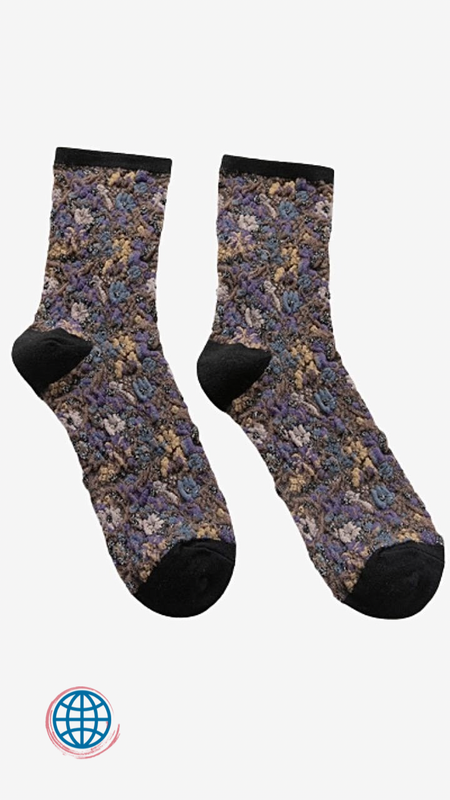 Japanese Hara Crew Socks Harajuku Crew Socks Retro Ethnic Flowers Style Cotton Womens Casual Comfortable Ladies Cute Sock for Woman Japan in Beige Cream, Black Purple, Brown Red, Gray Orange, Purple Green