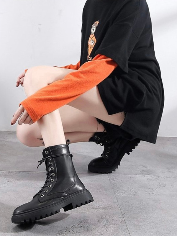 Round Toe Vegan Ankle Boots Womens Black PU Leather All match Lace up Shoes Woman Fashion Motorcycle Platform Boot Trending